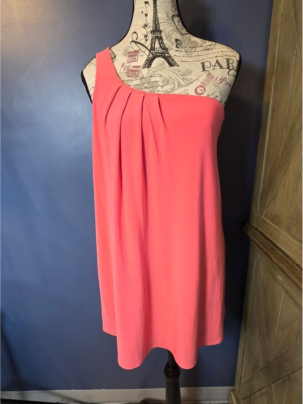 Judith March One Shoulder Mini Dress Womens S Coral Pleated Cocktail Party